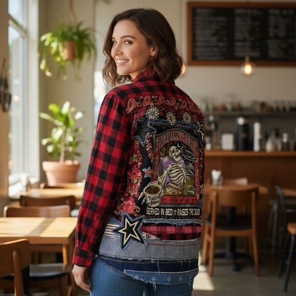 Upcycled Flannel Shirt Shacket Womens XL Jacket Coffee Grunge Patchwork Folk Art - Picture 4 of 16
